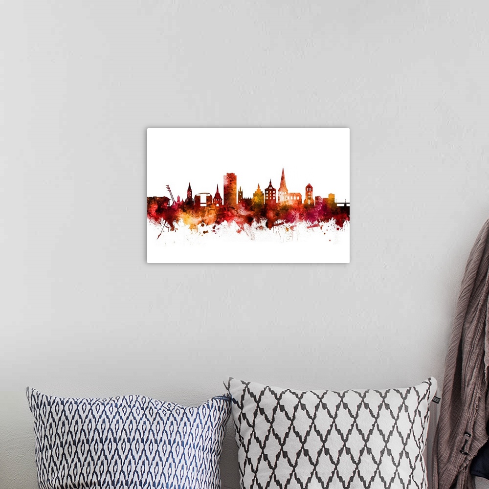 A bohemian room featuring Watercolor art print of the skyline of Rostock, Germany.