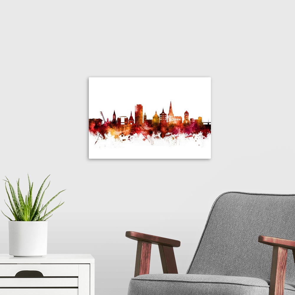 A modern room featuring Watercolor art print of the skyline of Rostock, Germany.