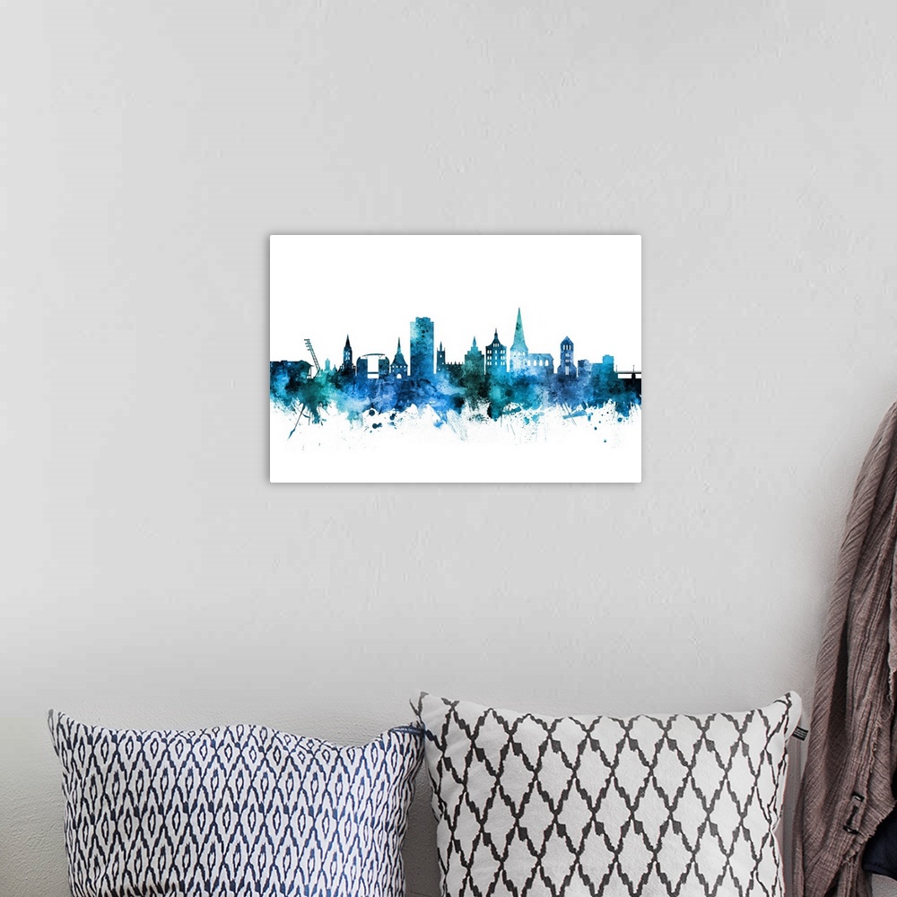 A bohemian room featuring Watercolor art print of the skyline of Rostock, Germany.