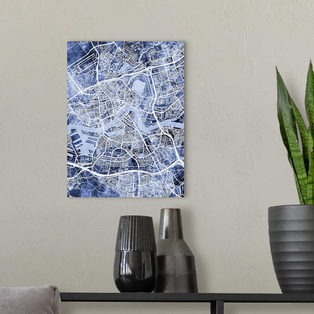 A modern room featuring Watercolor street map of Rotterdam, Netherlands.