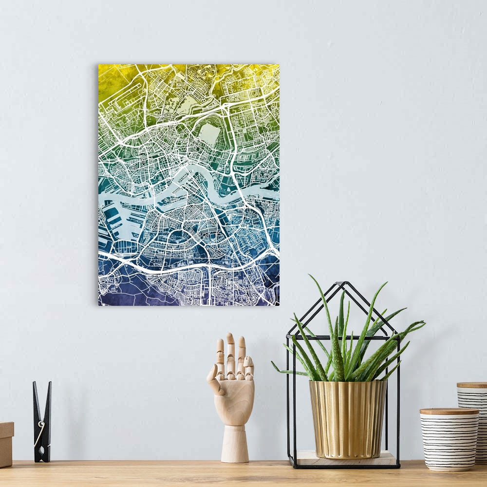 A bohemian room featuring Watercolor street map of Rotterdam, Netherlands.