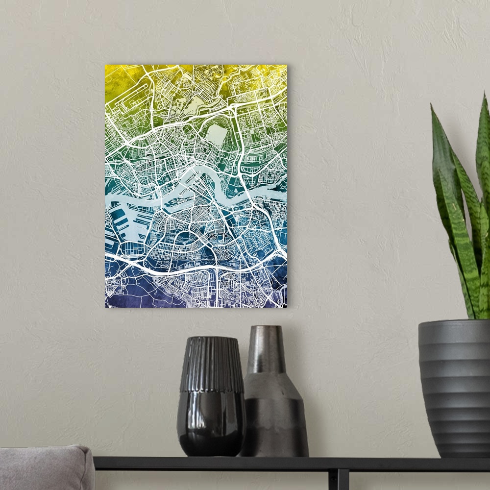 A modern room featuring Watercolor street map of Rotterdam, Netherlands.