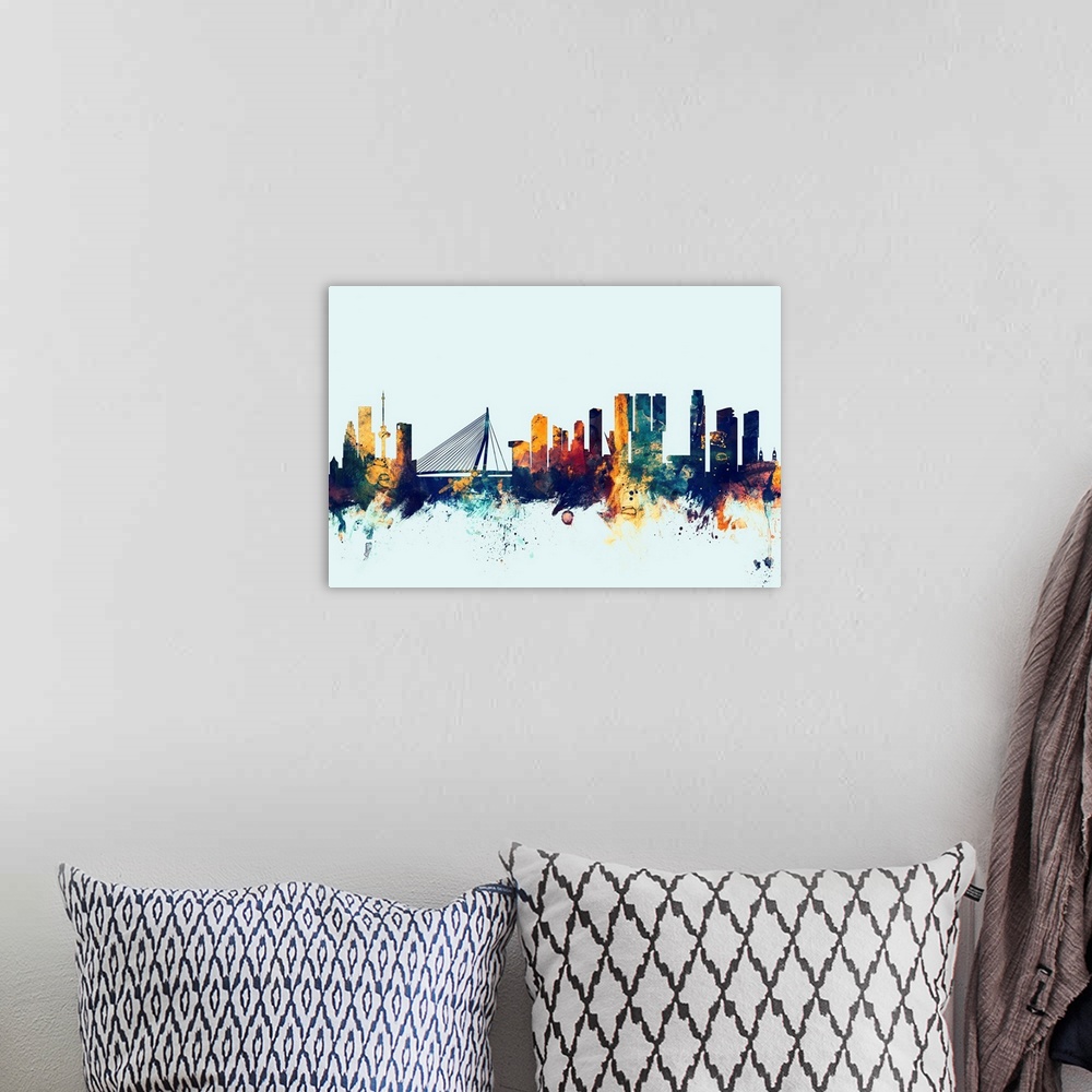 A bohemian room featuring Dark watercolor silhouette of the Rotterdam city skyline against a light blue background.