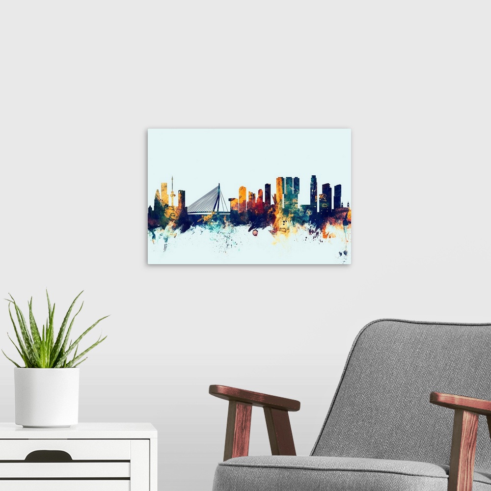 A modern room featuring Dark watercolor silhouette of the Rotterdam city skyline against a light blue background.