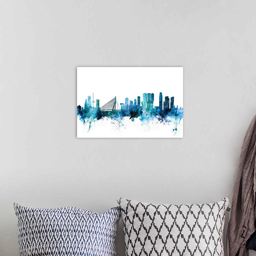 A bohemian room featuring Watercolor art print of the skyline of Rotterdam, The Netherlands.