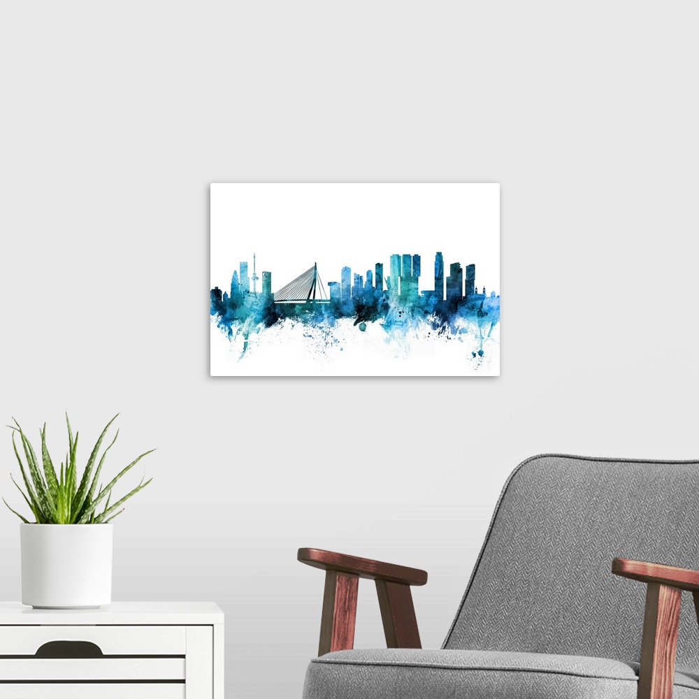 A modern room featuring Watercolor art print of the skyline of Rotterdam, The Netherlands.