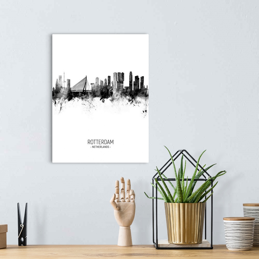 A bohemian room featuring Watercolor art print of the skyline of Rotterdam, The Netherlands