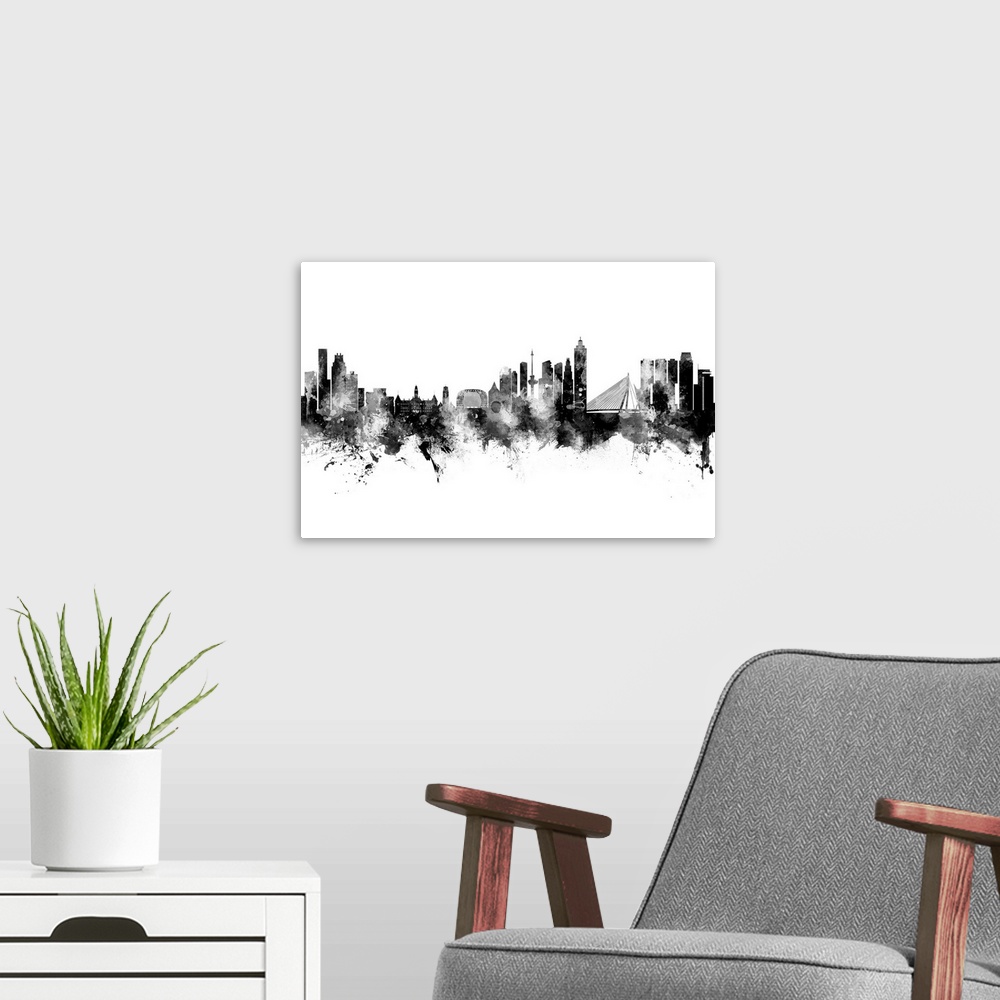 A modern room featuring Watercolor art print of the skyline of Rotterdam, The Netherlands