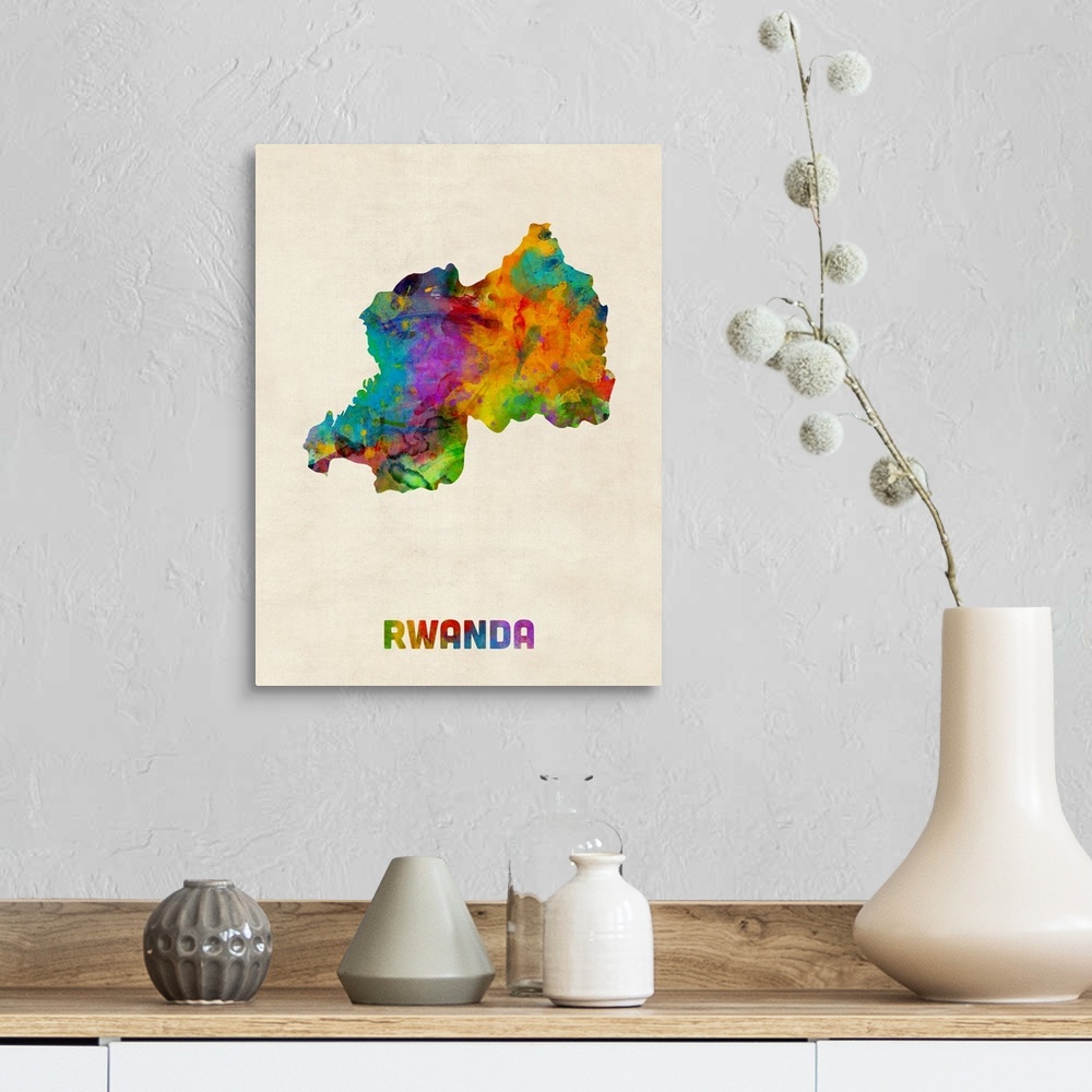 A farmhouse room featuring Colorful watercolor art map of Rwanda against a distressed background.