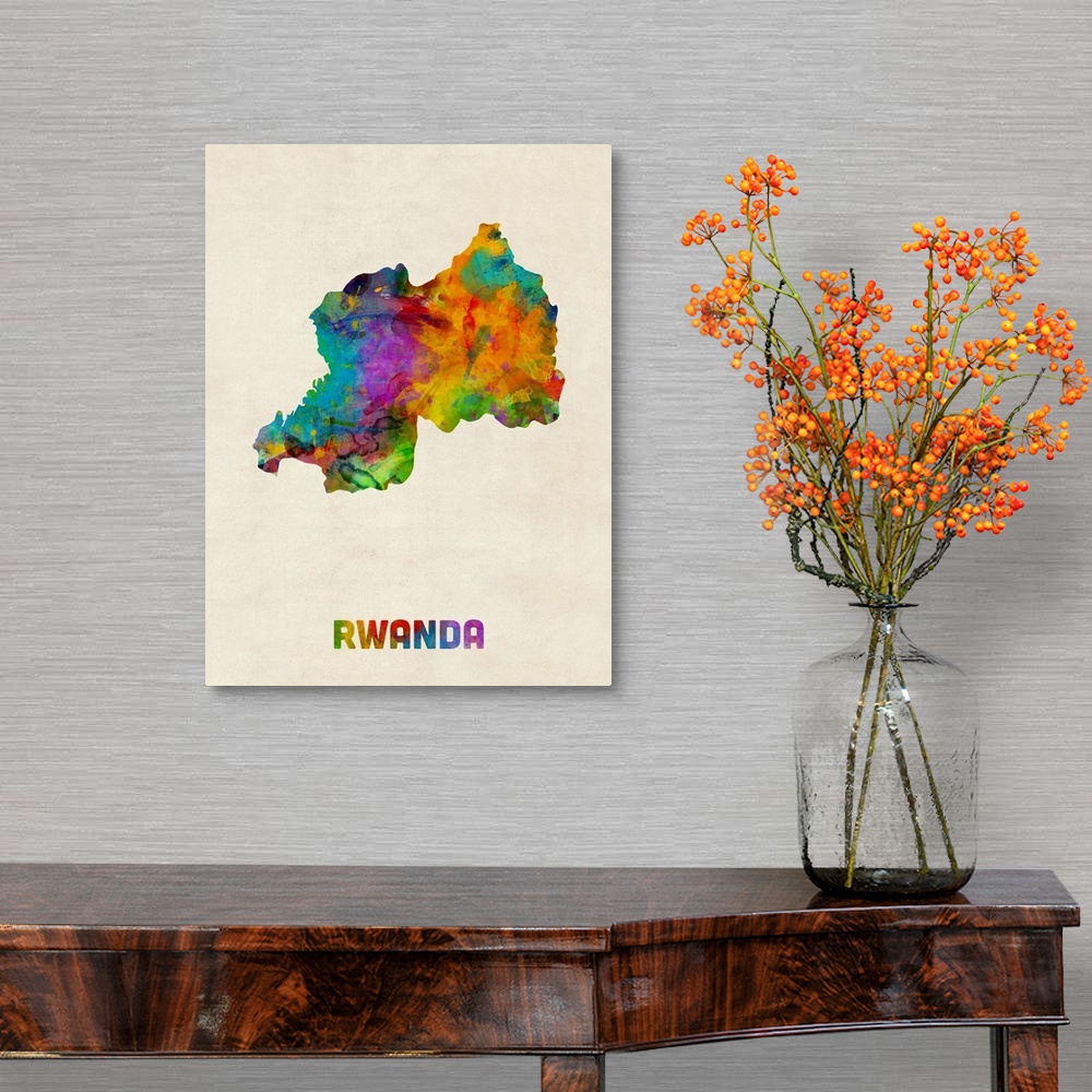 A traditional room featuring Colorful watercolor art map of Rwanda against a distressed background.
