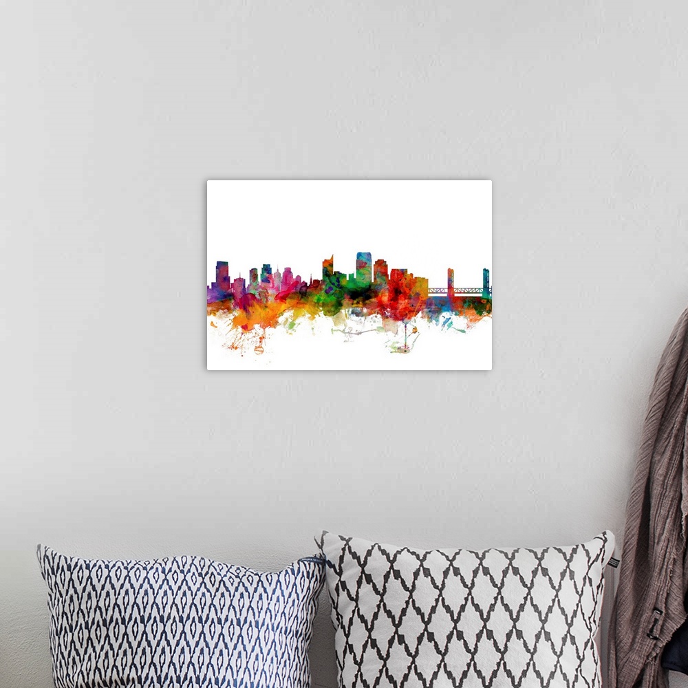 A bohemian room featuring Watercolor artwork of the Sacramento skyline against a white background.