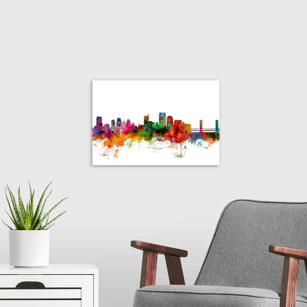 A modern room featuring Watercolor artwork of the Sacramento skyline against a white background.