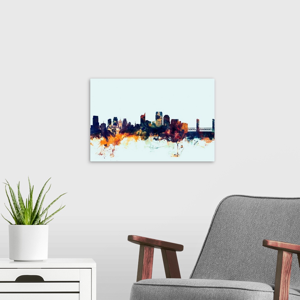 A modern room featuring Dark watercolor silhouette of the Sacramento city skyline against a light blue background.