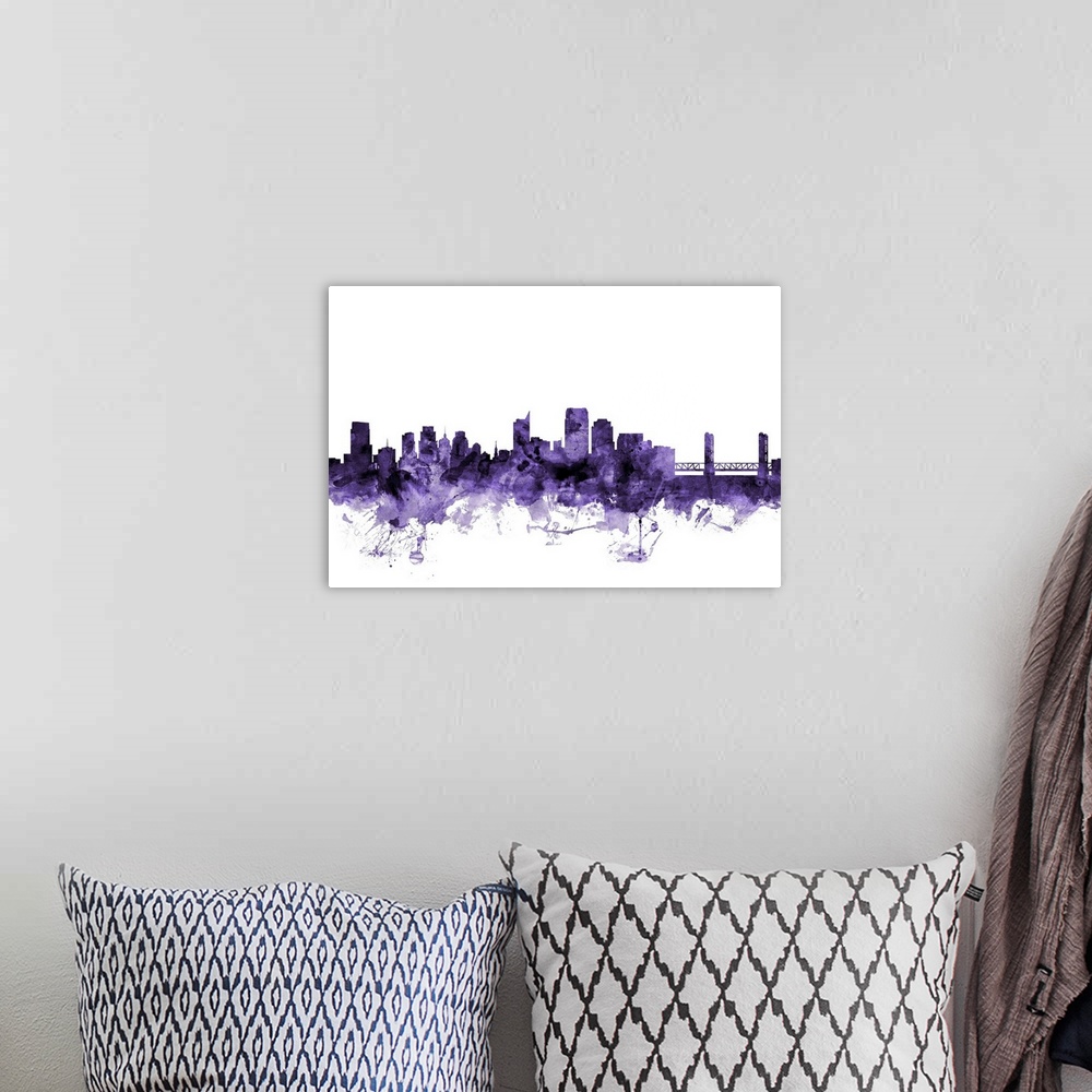 A bohemian room featuring Watercolor art print of the skyline of Sacramento, California, United States
