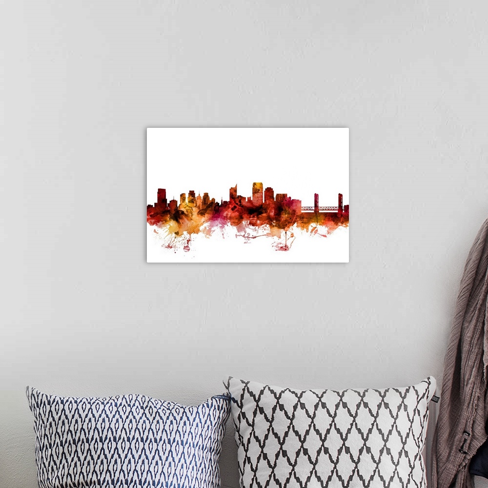 A bohemian room featuring Watercolor art print of the skyline of Sacramento, California, United States.