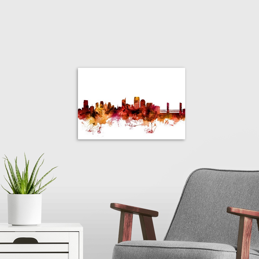 A modern room featuring Watercolor art print of the skyline of Sacramento, California, United States.