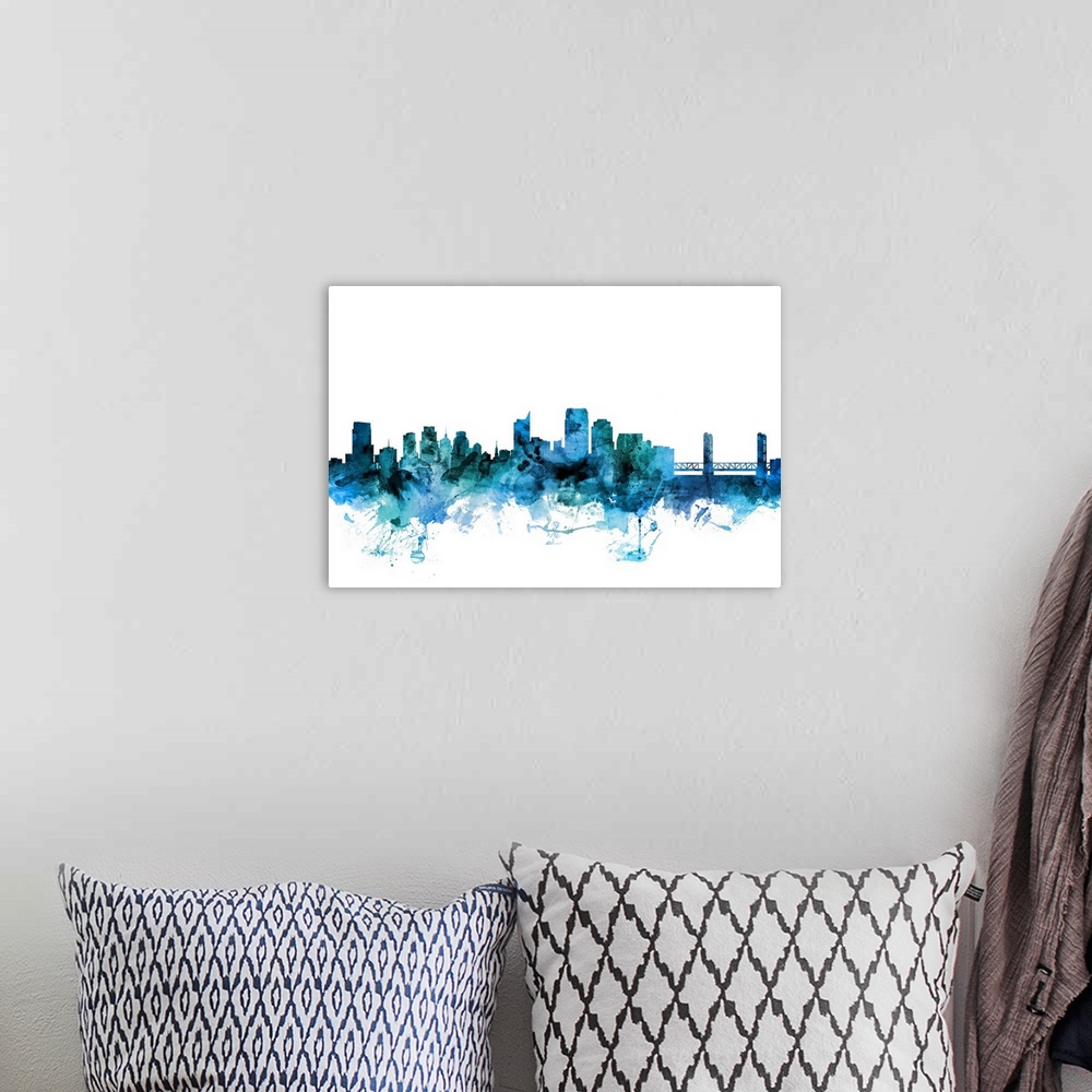 A bohemian room featuring Watercolor art print of the skyline of Sacramento, California, United States.