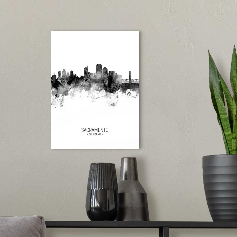 A modern room featuring Watercolor art print of the skyline of Sacramento, California, United States