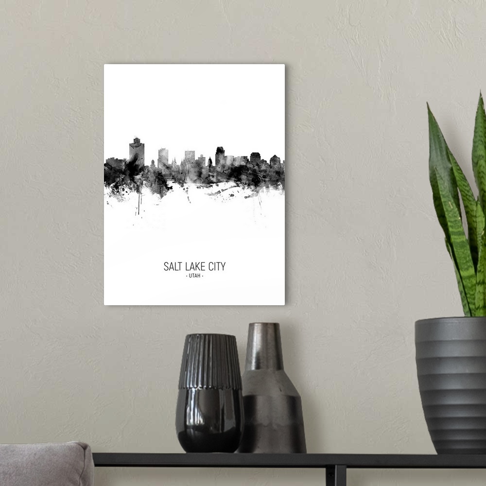 A modern room featuring Watercolor art print of the skyline of Salt Lake City, Utah, United States