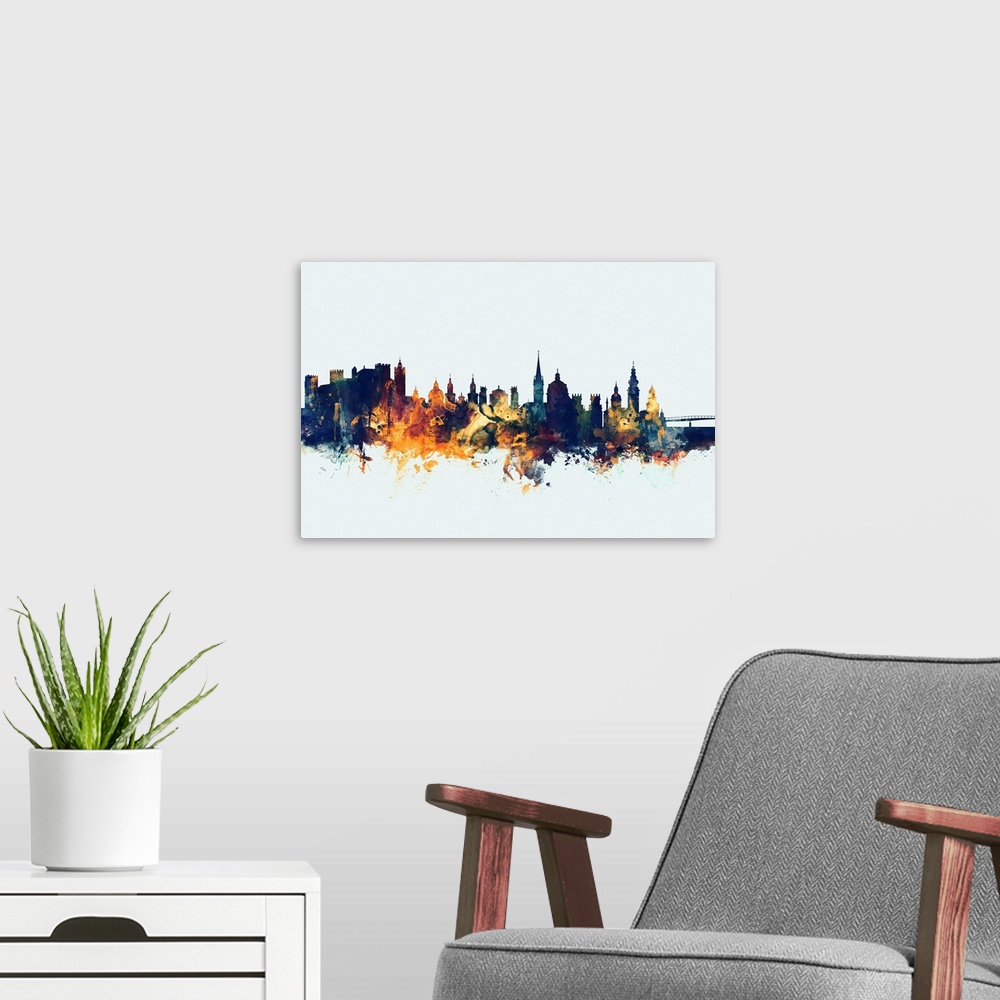 A modern room featuring Watercolor art print of the skyline of Salzburg, Austria
