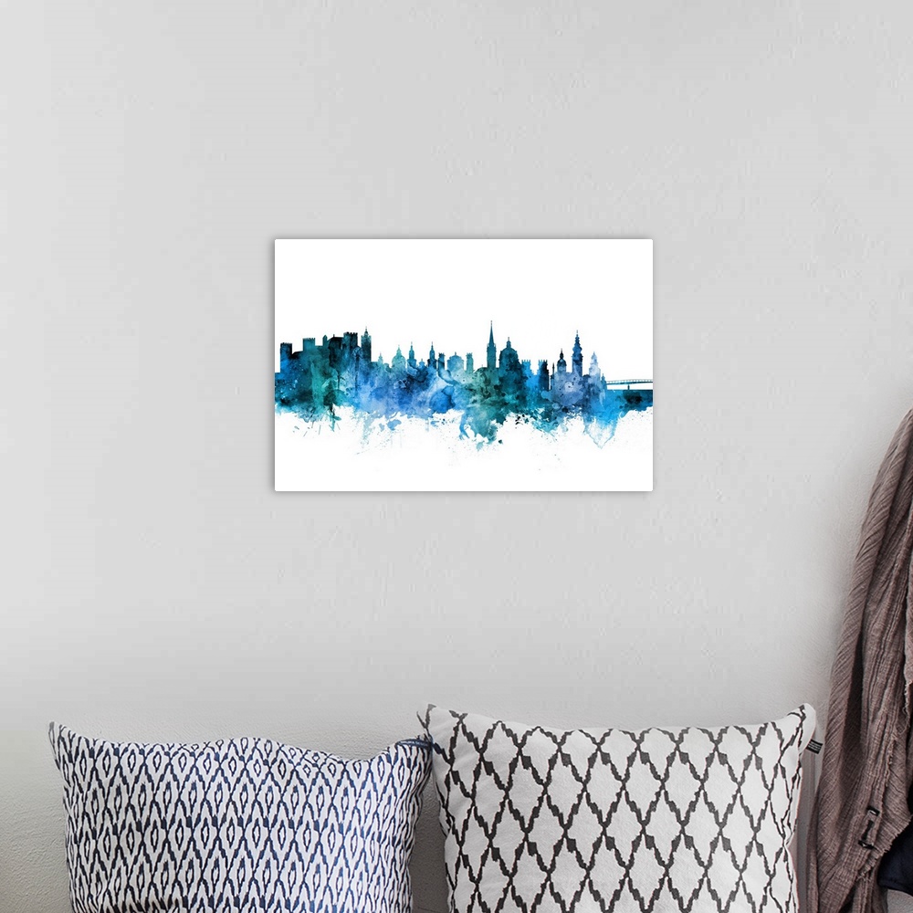 A bohemian room featuring Watercolor art print of the skyline of Salzburg, Austria.