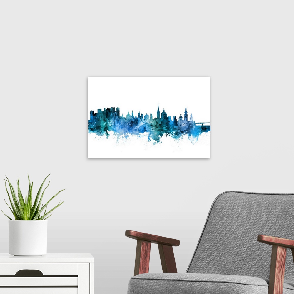 A modern room featuring Watercolor art print of the skyline of Salzburg, Austria.
