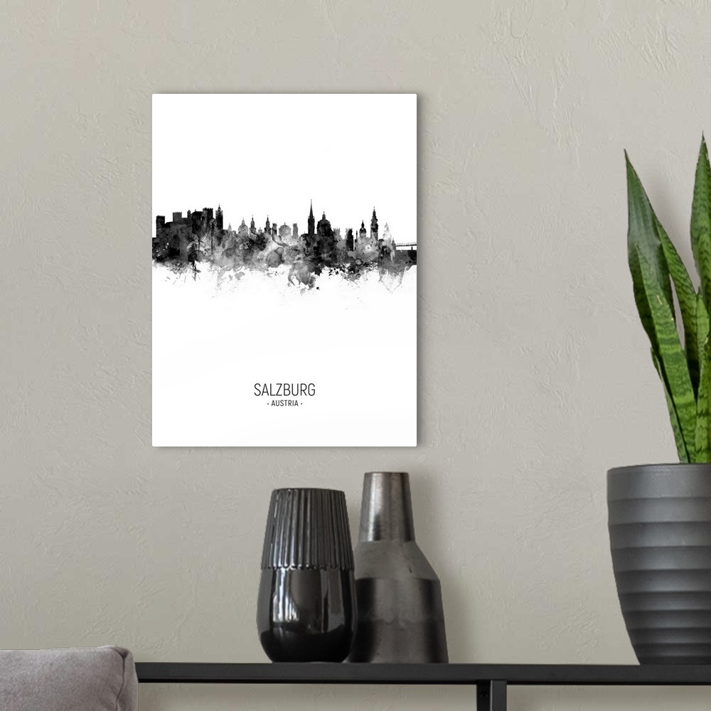 A modern room featuring Watercolor art print of the skyline of Salzburg, Austria