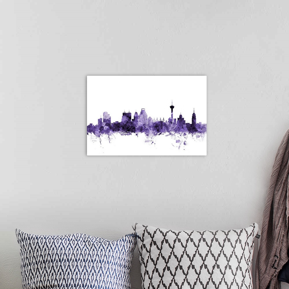 A bohemian room featuring Watercolor art print of the skyline of San Antonio, Texas, United States