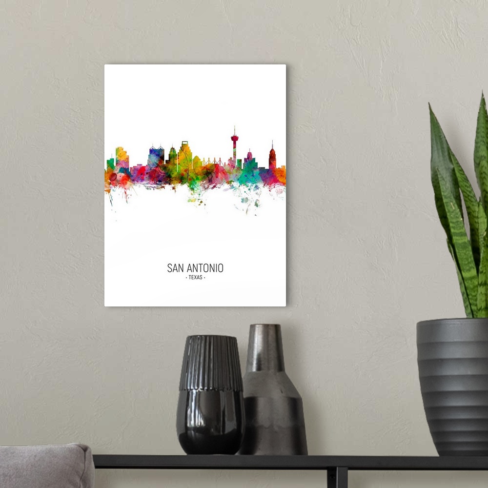 A modern room featuring Watercolor art print of the skyline of San Antonio, Texas, United States.