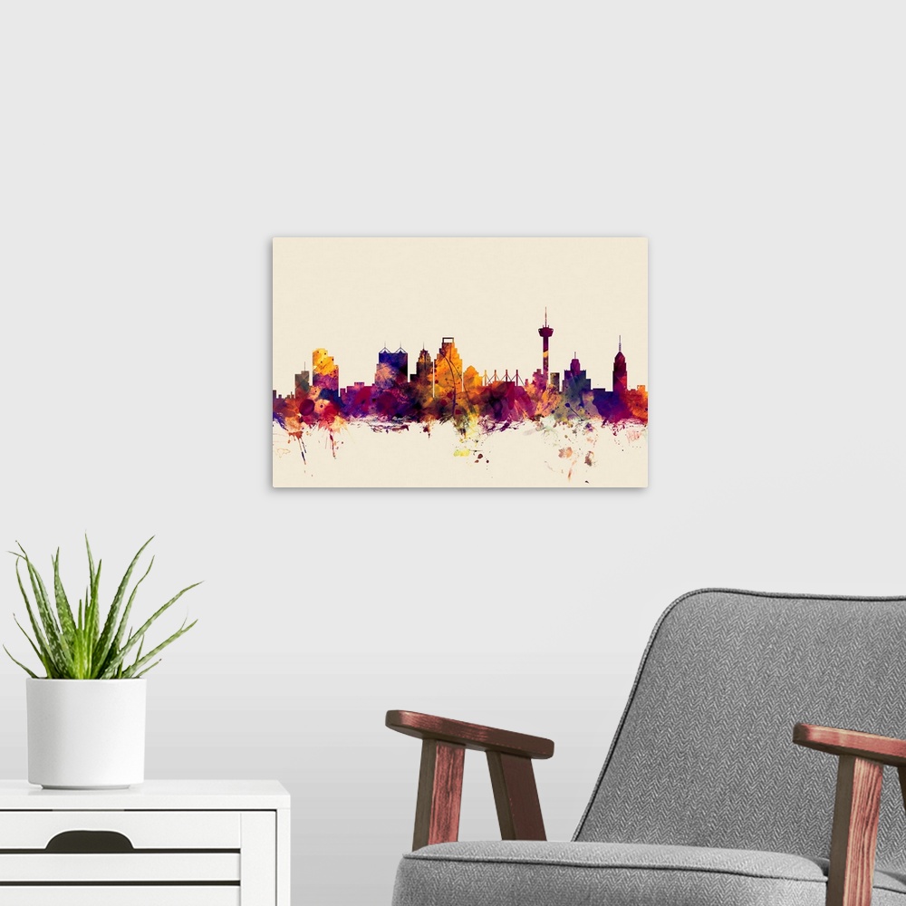 A modern room featuring Watercolor art print of the skyline of San Antonio, Texas, United States.
