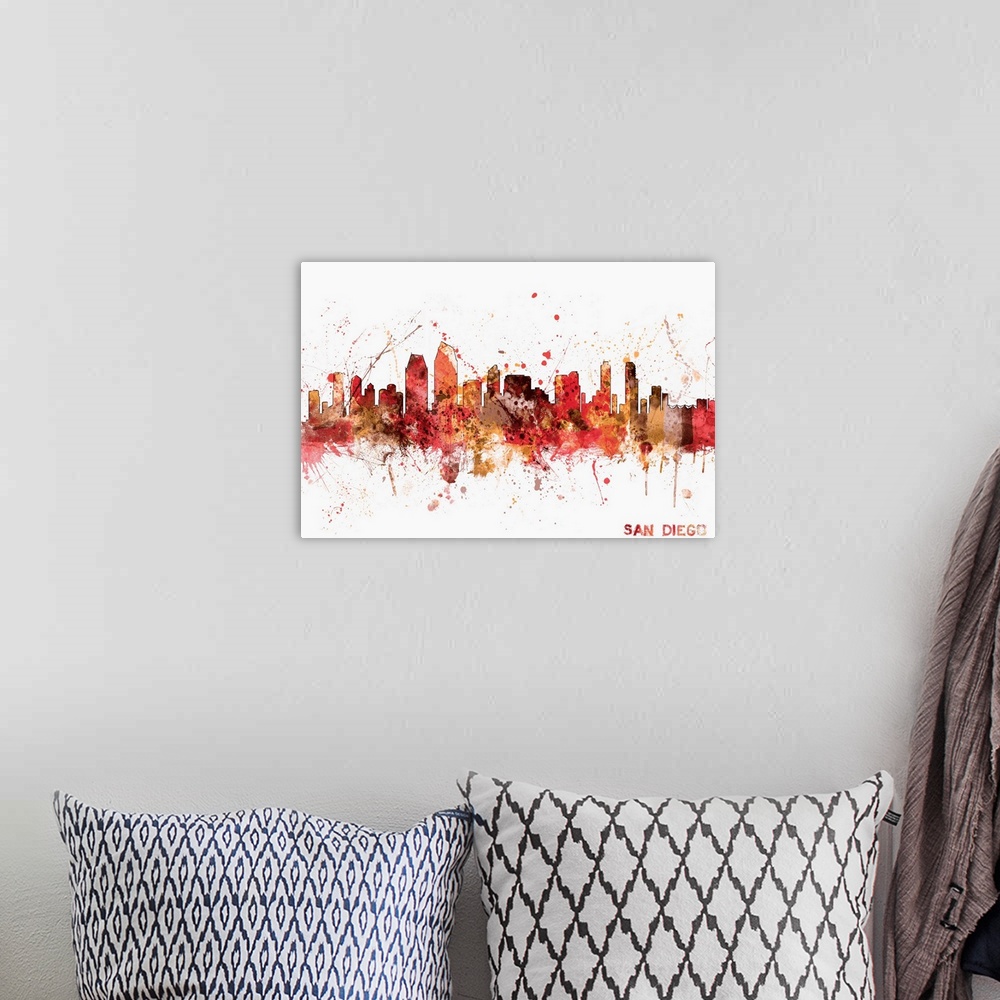 A bohemian room featuring Contemporary piece of artwork of the San Diego skyline made of colorful paint splashes.