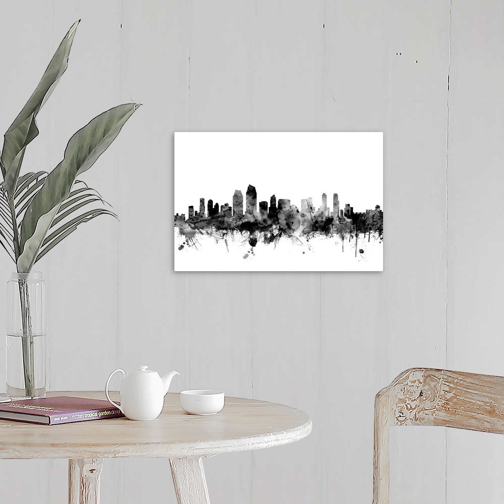 A farmhouse room featuring Contemporary artwork of the San Diego city skyline in black watercolor paint splashes.