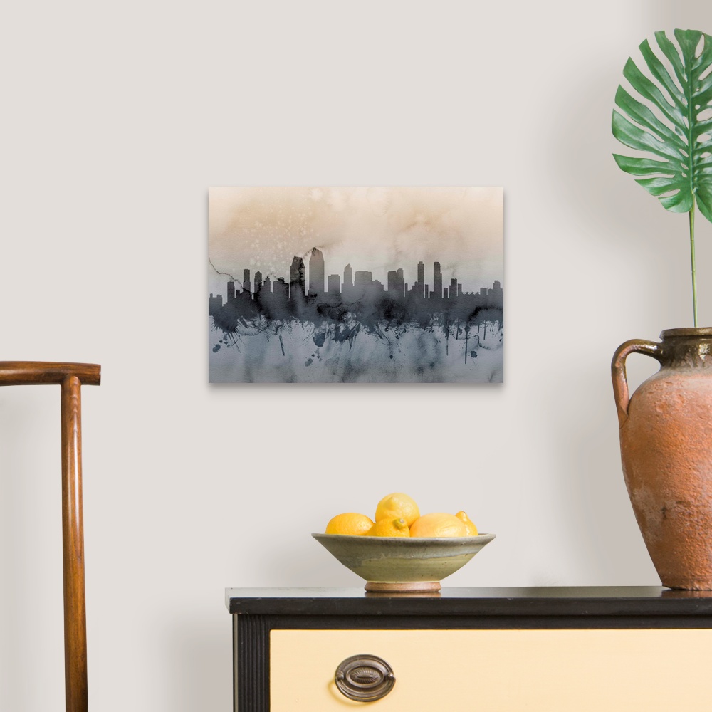 A traditional room featuring Watercolor art print of the skyline of San Diego, California, United States