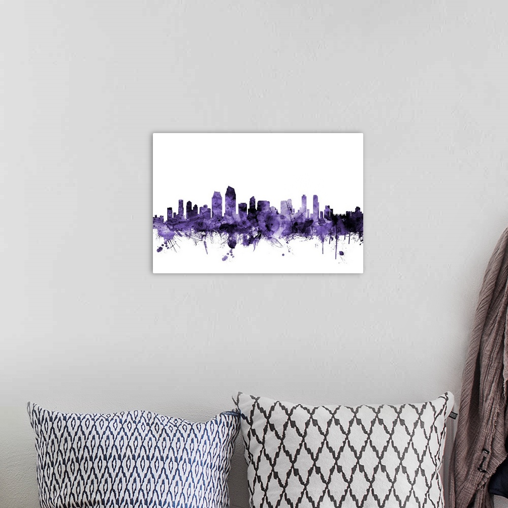 A bohemian room featuring Watercolor art print of the skyline of San Diego, California, United States