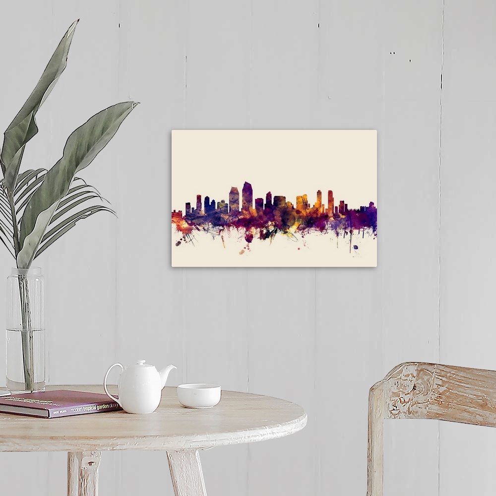 A farmhouse room featuring Watercolor art print of the skyline of San Diego, California, United States.
