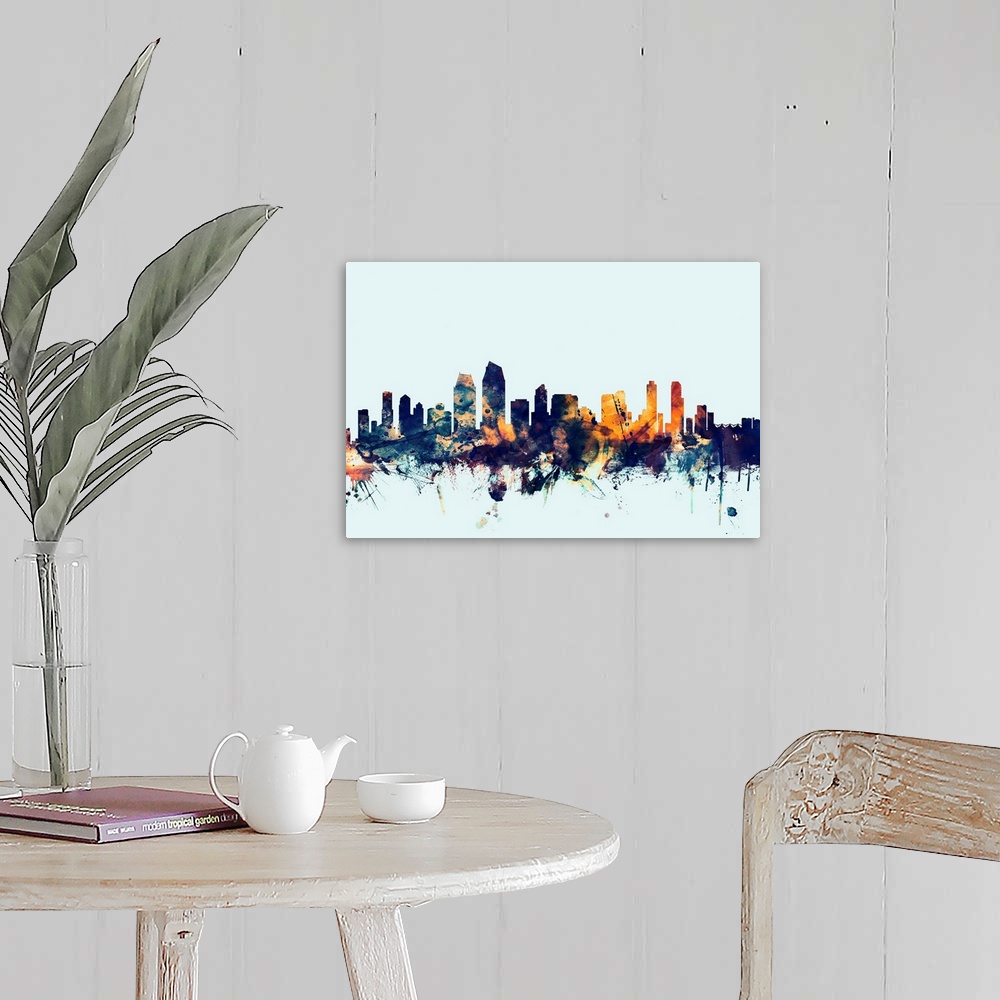 A farmhouse room featuring Watercolor art print of the skyline of San Diego, California, United States.