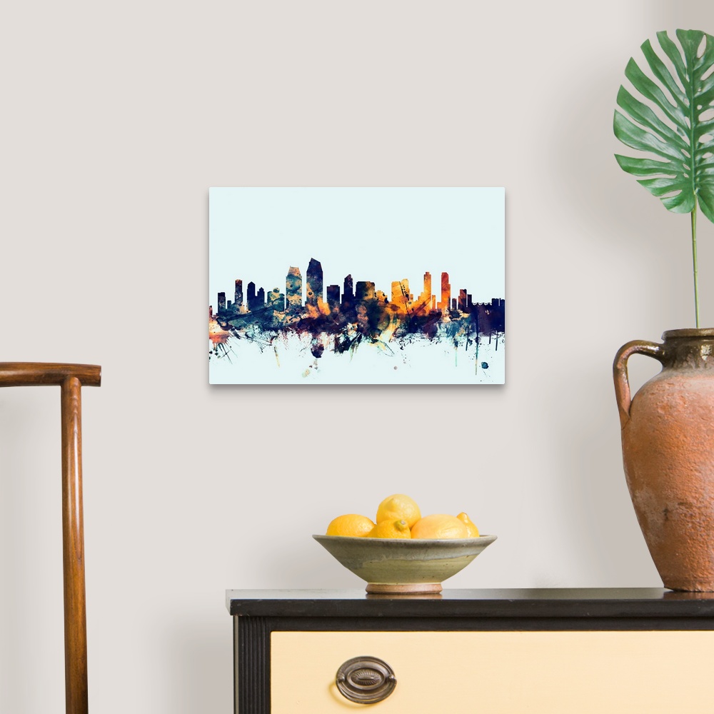 A traditional room featuring Watercolor art print of the skyline of San Diego, California, United States.