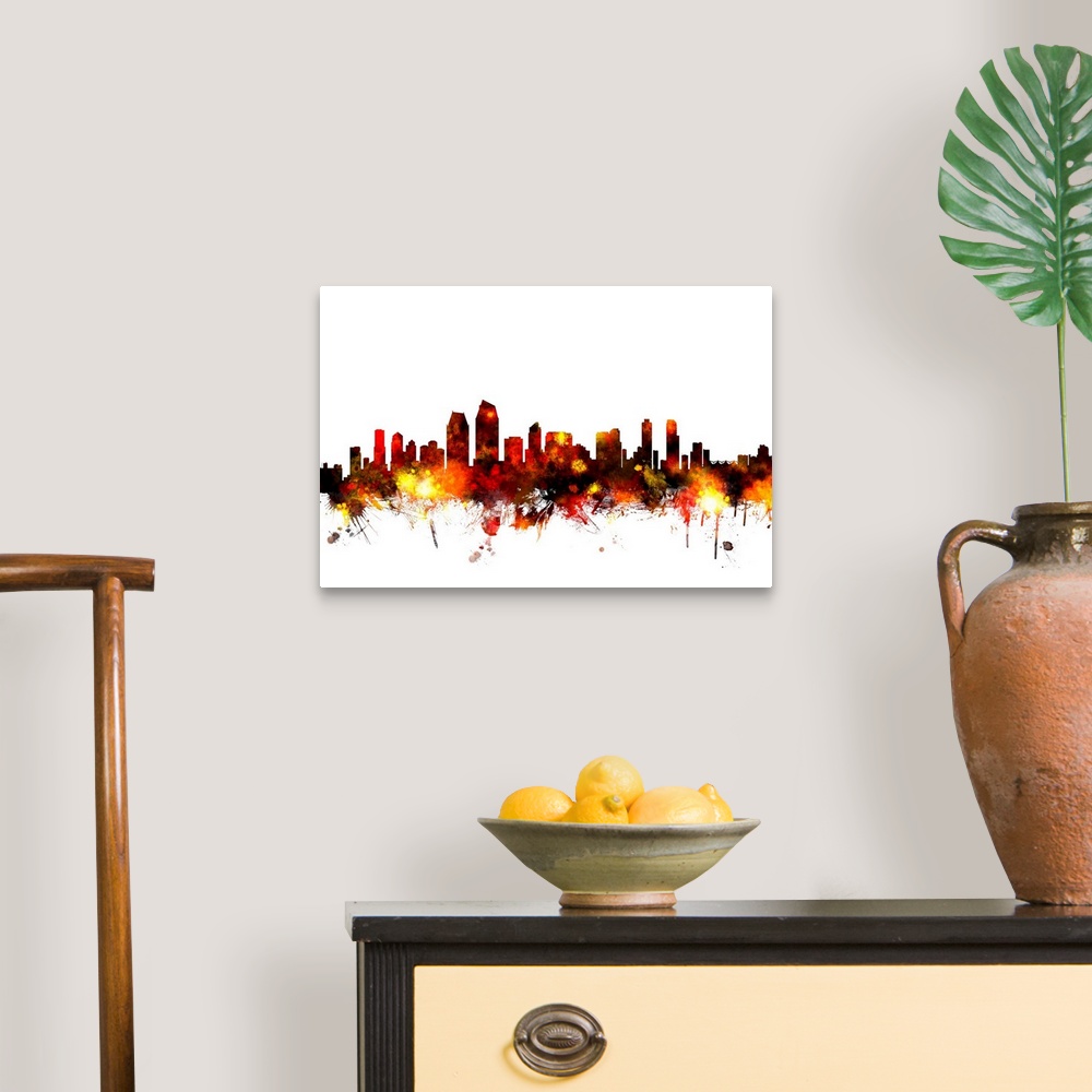 A traditional room featuring Watercolor art print of the skyline of San Diego, California, United States.