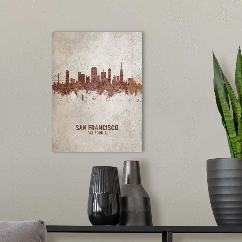 A modern room featuring Art print of the skyline of San Francisco, California, United States. Rust on concrete.