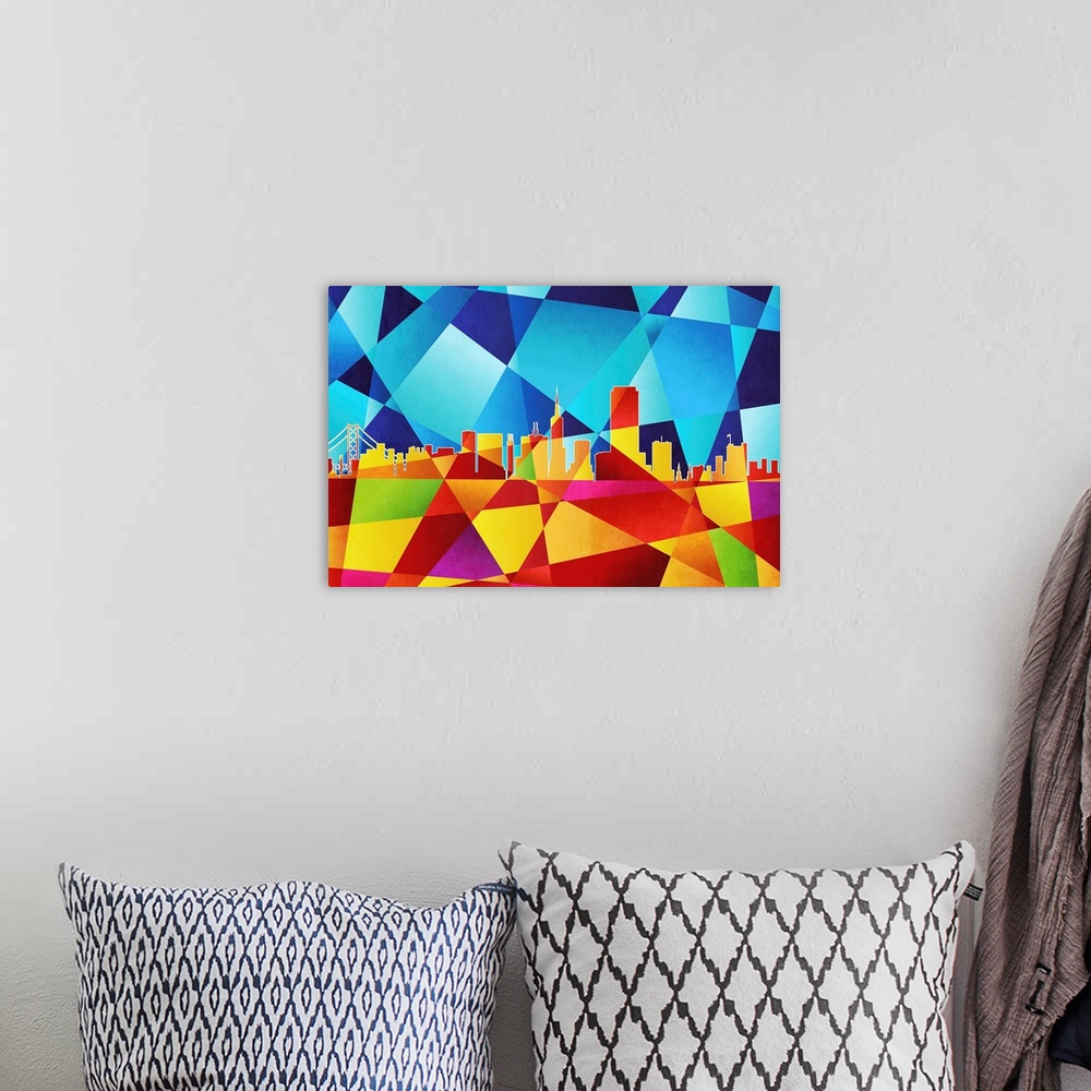 A bohemian room featuring Contemporary artwork of a geometric and prismatic skyline of San Francisco.