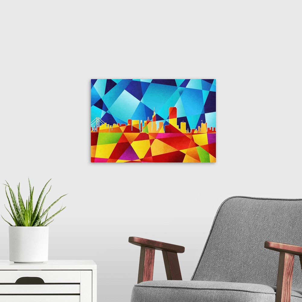 A modern room featuring Contemporary artwork of a geometric and prismatic skyline of San Francisco.