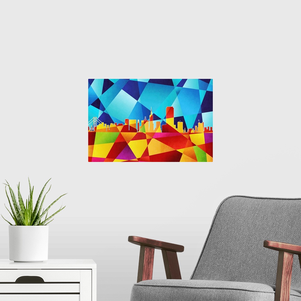 A modern room featuring Contemporary artwork of a geometric and prismatic skyline of San Francisco.