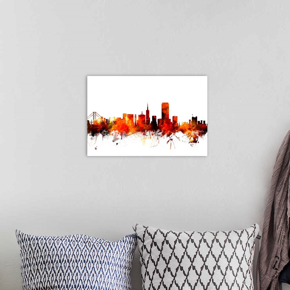A bohemian room featuring Contemporary piece of artwork of the San Francisco skyline made of colorful paint splashes.
