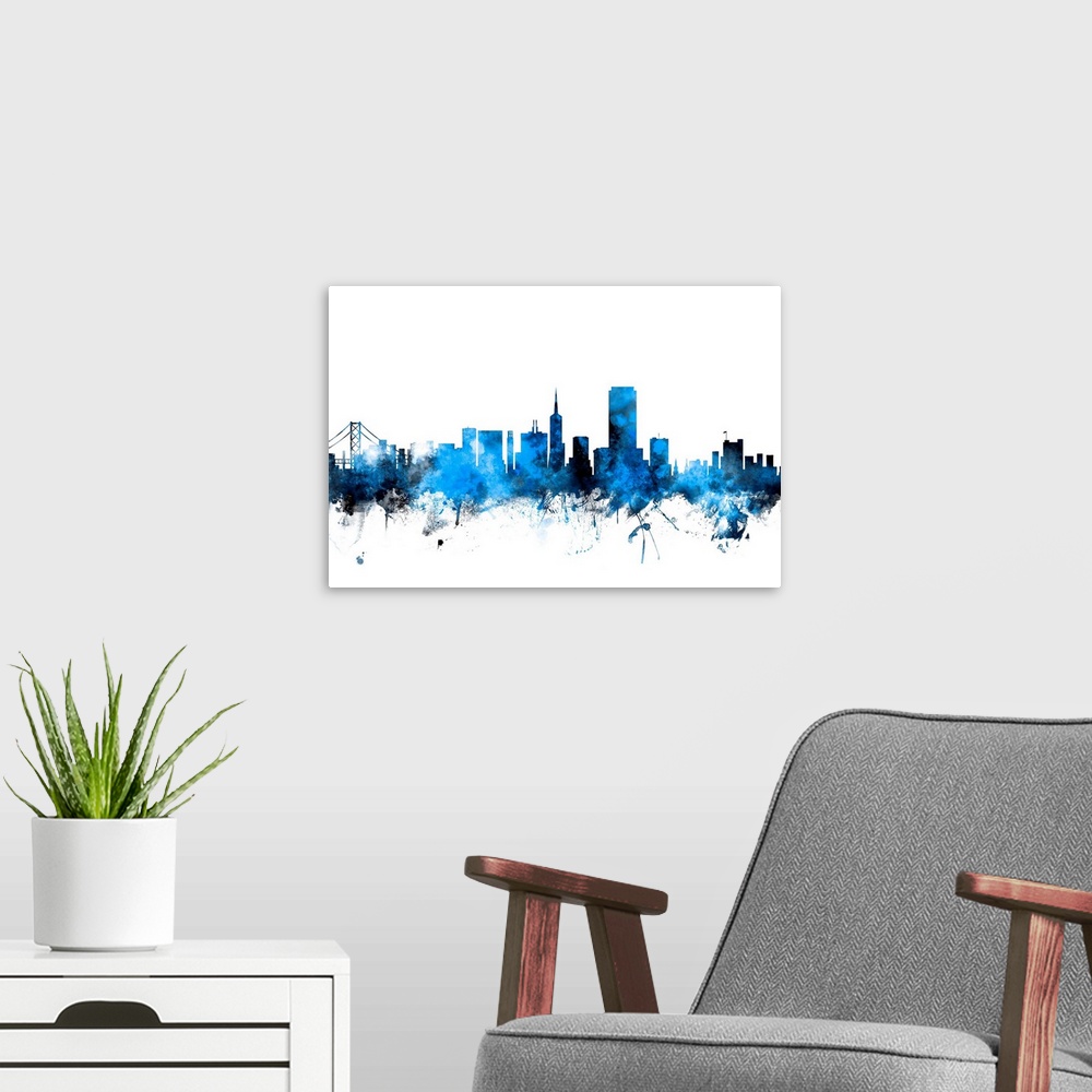 A modern room featuring Contemporary piece of artwork of the San Francisco skyline made of colorful paint splashes.