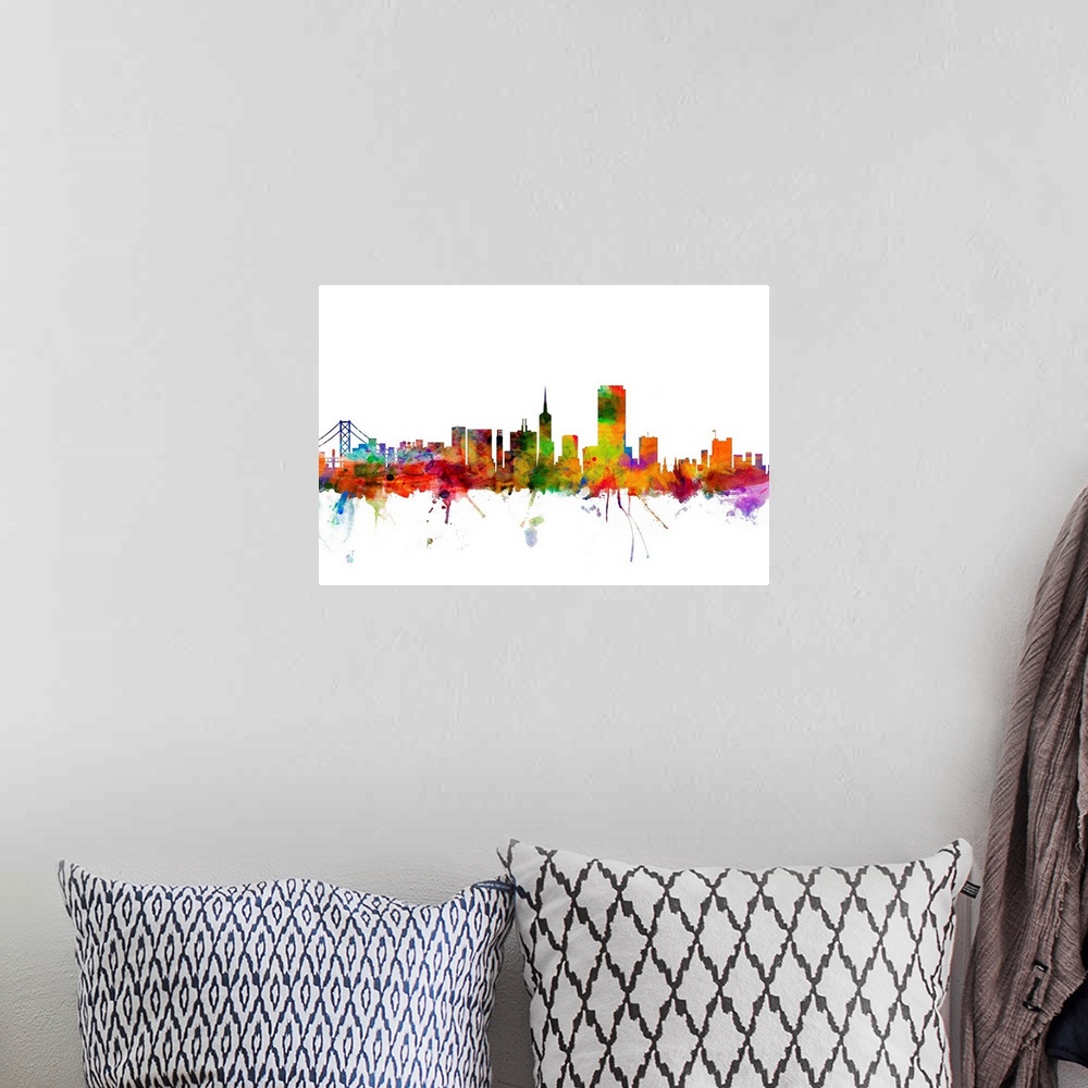 A bohemian room featuring Watercolor artwork of the San Francisco skyline against a white background.