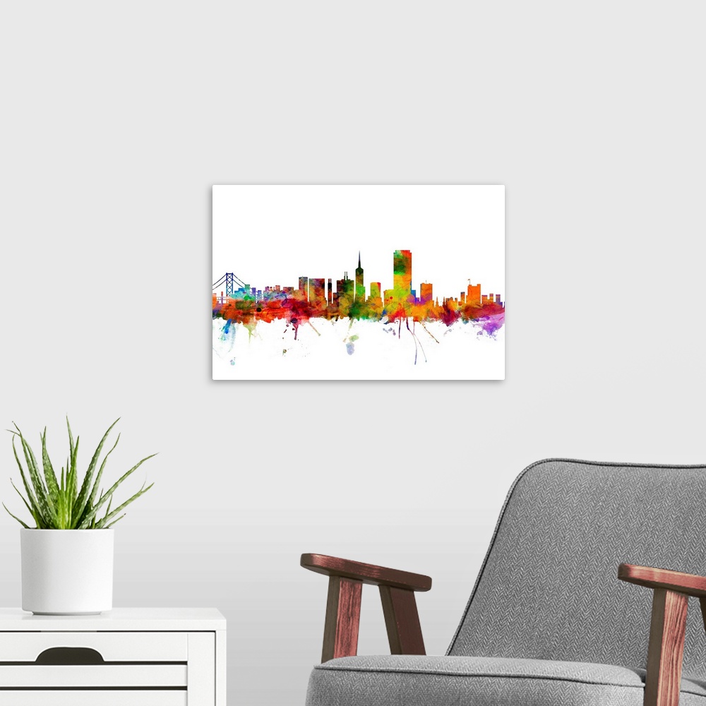 A modern room featuring Watercolor artwork of the San Francisco skyline against a white background.