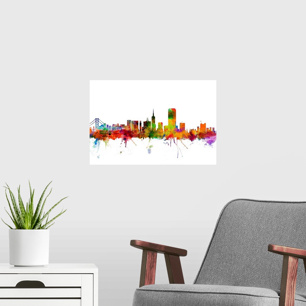 A modern room featuring Watercolor artwork of the San Francisco skyline against a white background.