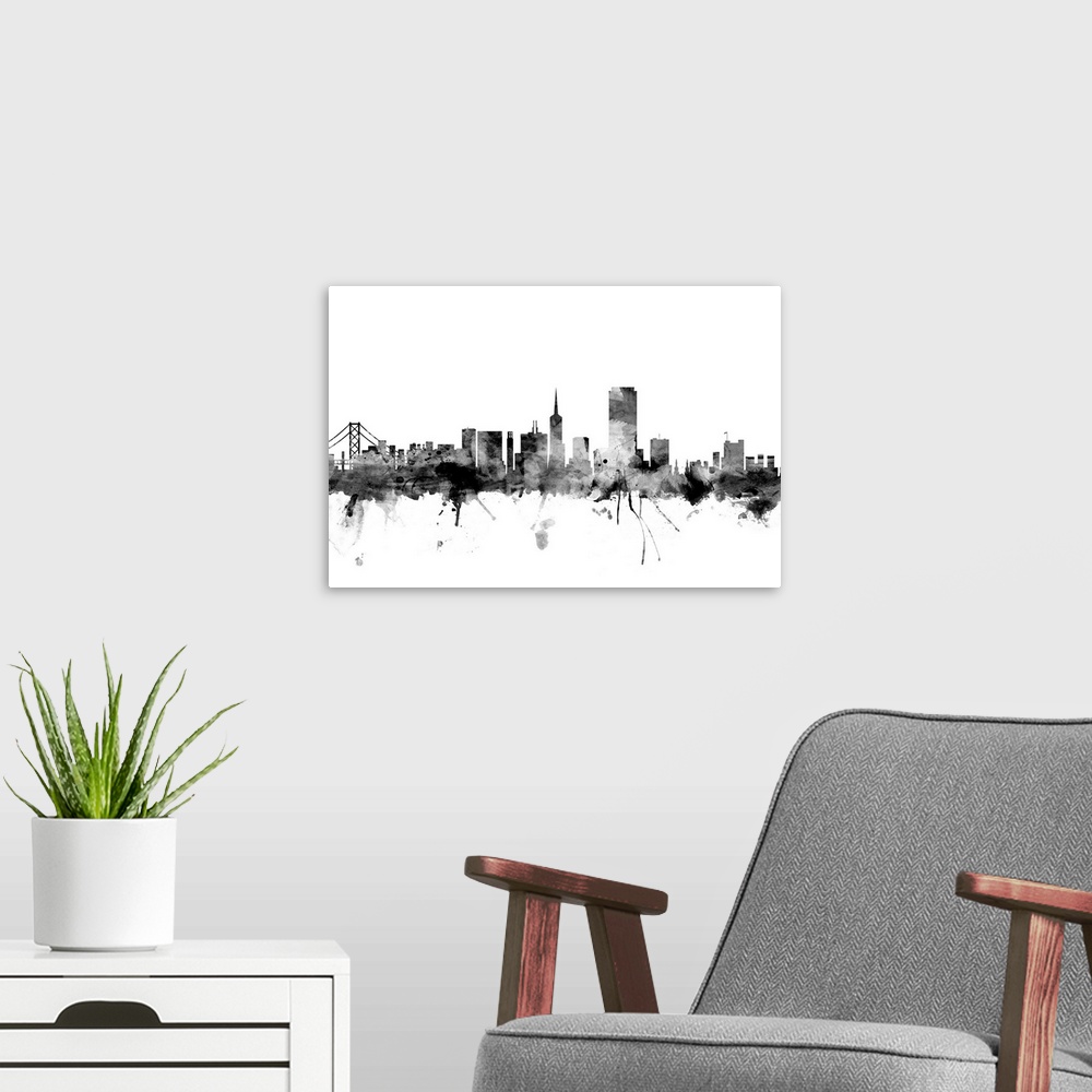 A modern room featuring Contemporary artwork of the San Francisco city skyline in black watercolor paint splashes.