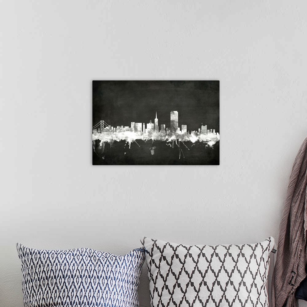 A bohemian room featuring Smokey dark watercolor silhouette of the San Francisco city skyline against chalkboard background.