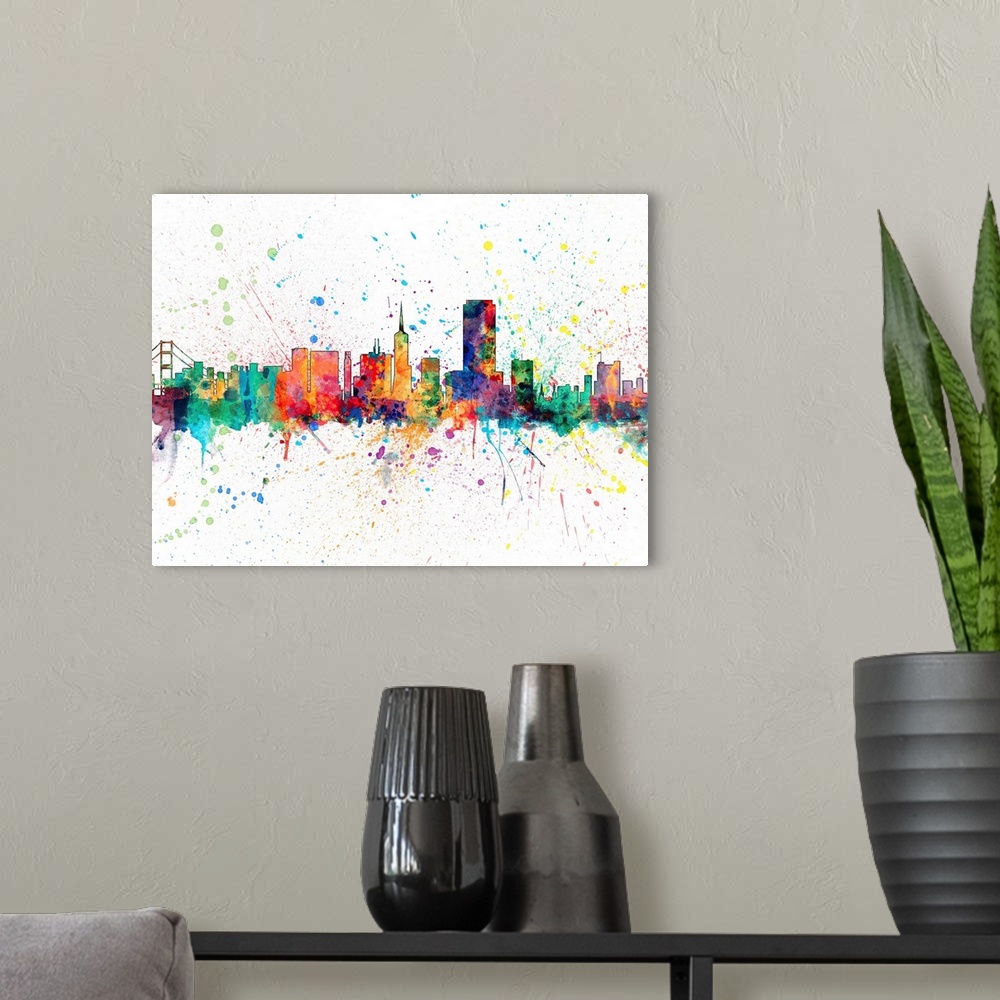 A modern room featuring Wild and vibrant paint splatter silhouette of the San Francisco skyline.